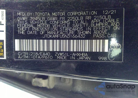 2022 Toyota Prius Night Shade from USA, damaged, VIN JTDKAMFU5N3166432